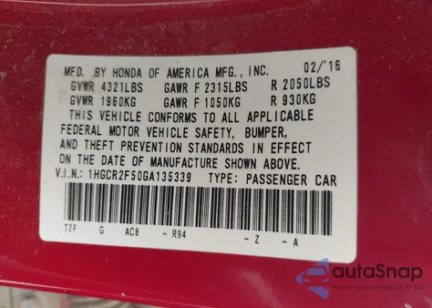 2016 Honda Accord Sport z USA, uszkodzony, nr VIN 1HGCR2F50GA135339